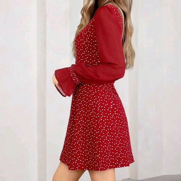 Women's Red Polka Dot Round Neck Long Sleeve Short Dress,Elegant Everyday Wear - Picture 2 of 5